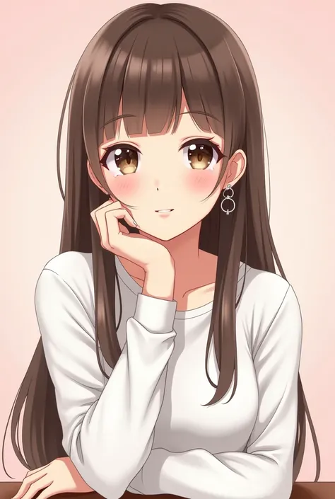 Create highly detailed digital illustrations in the Japanese manga style。The central character is、 has long straight brown hair、Young woman with subtle gradation and shiny sparkles。She has large, expressive brown eyes、She has a gentle, inviting smile。The b...