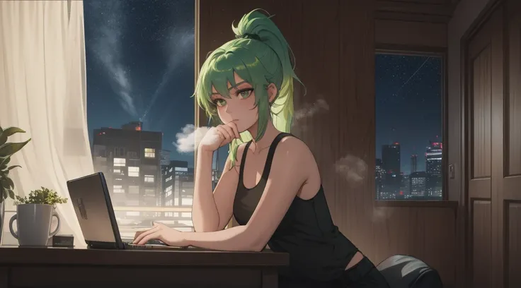 "A young woman with green hair tied in a ponytail is sitting in front of a computer screen, deeply focused on coding. The camera angle captures her from the side, showcasing her white tank top and black leggings. The desk is tidy, holding a steaming cup of...