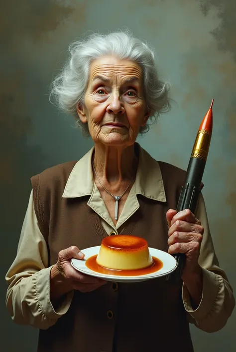 A grandmother announcing a nuclear war while holding a flan and a rocket launcher 