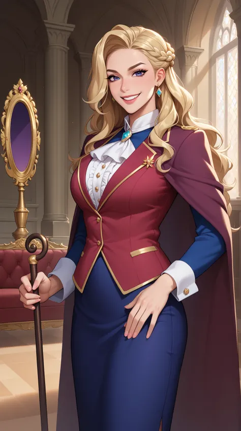 Young female, dressed in luxurious and elegant uniform, background of an elite private academy, aristocratic aura, blonde or dark brown long hair, haughty and confident expression, face showing a cold smile or disdain, elegant yet oppressive posture, holdi...