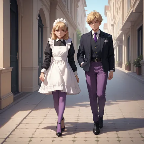  Boy dressed in a jacket  ,   a beautiful blonde servant who is watching the boy,   the maid is walking next to him  ,   the maid wears purple tights  ,   and high black heels 