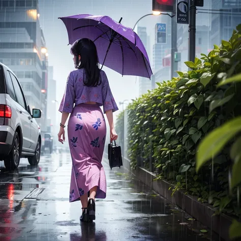 A young woman is walking away in the rain and using an umbrella. She is wearing a floral pattern blouse and purple colour batik floral long skirt.