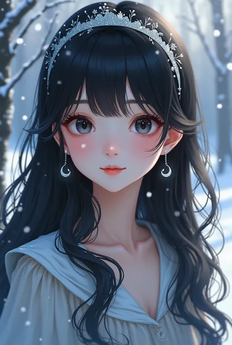 Character portrait,  One girl ,  very long hair,  black hair,  crescent earrings to peel the whites,  close your mouth,  smiles,  Bright Eyes ,  headband, Snow Scene