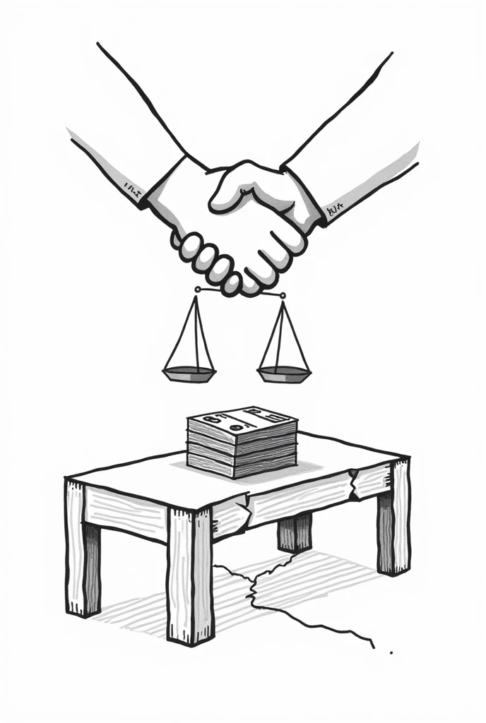 To make this more easily drawn in black and white, simplify the elements further:
 
1. The Handshake:  Instead of detailed hands, use simple, stylized shapes.  Two slightly overlapping ovals could represent the hands, with a single line suggesting the clas...