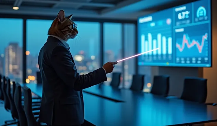 (Corporate reportage:1.3) photo of a street cat, wearing a sleek charcoal business suit and small wire-frame glasses, standing confidently with a laser pointer presenting data charts on a giant curved LED screen, (three-quarter body framing:1.2), in a mode...