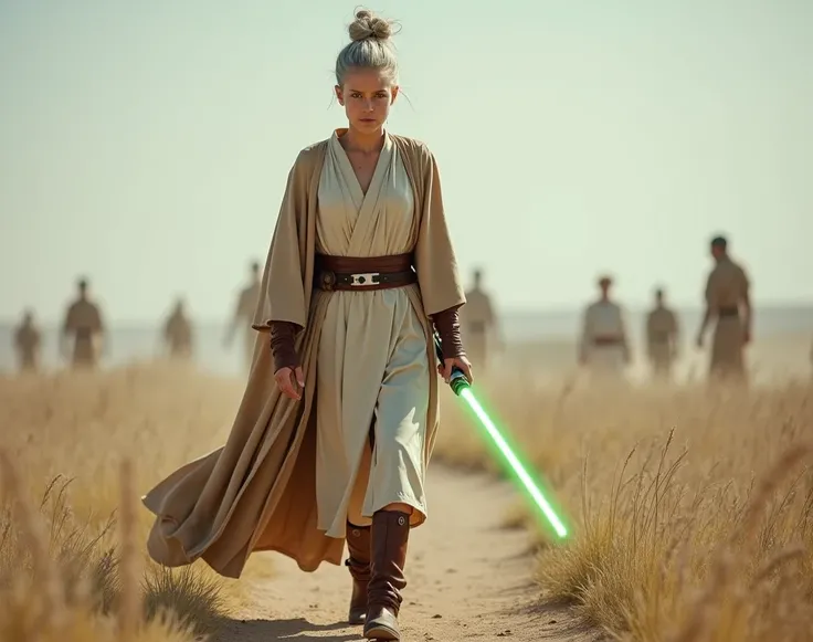 old skinny white woman jedi master, messy bun grey hair, pale green eyes,  wearing long tan jedi dress with split, white jedi pants, brown boots and belt, brown leather arm guard, full body, walking through battle field, holding green lightsaber, 