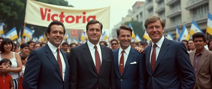  adult men dressed in suits ,  on the side of them there are several people who are celebrating,  in the background there is a banner that says  "victoria"  in Spanish, and there are flags of Argentina .  that the Argentine photo appears in the 80s