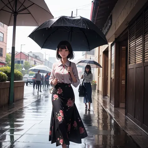 A young woman is walking in the rain and using an umbrella. She is wearing a floral pattern blouse and batik floral long skirt.