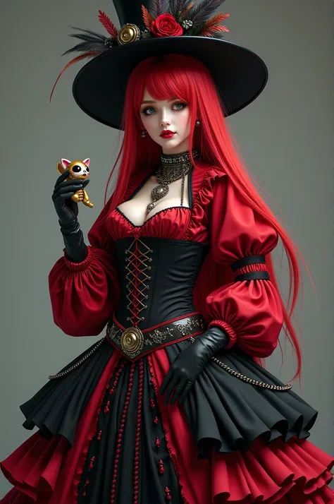 O cabelo é longo e red,  with a layered cut ,  falling softly over the shoulders .
 There is a wide-brimmed black hat ,  decorated with feathers and possibly other ornaments that add an air of mystery and sophistication.
A blusa é de um red vibrante,  with...