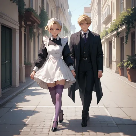 Boy dressed in a jacket , A beautiful blonde servant ,  the maid is walking next to him ,  the maid has long purple stockings with lace,  and black high heels