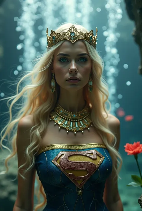 A woman with long, flowing blonde hair, adorned with a golden tiara and intricate jewelry. She wears a blue and gold outfit, with a prominent S emblem on her chest, reminiscent of the Superman logo. The background is a serene underwater setting with cascad...