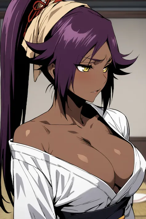 NSFW,masterpiece, top quality , High Definition , very detailed,Yoruichi Shihouin(BLEACH), long hair、 yellow eyes、 ponytail、Purple Hair、 dark skin 、 dark skin の女性, kimono,yukata