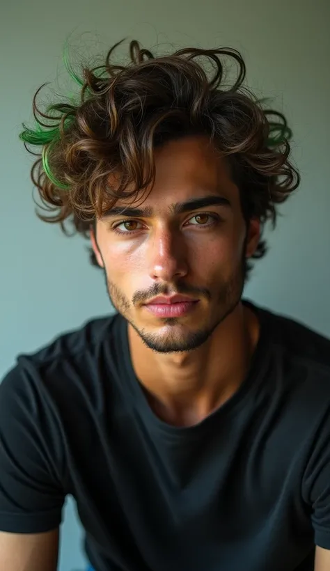  A man,  with curly hair ,  long look and with the tips painted green,  Light brown eyes , pele morena, an average body , wearing denim pants ,  a black t-shirt.