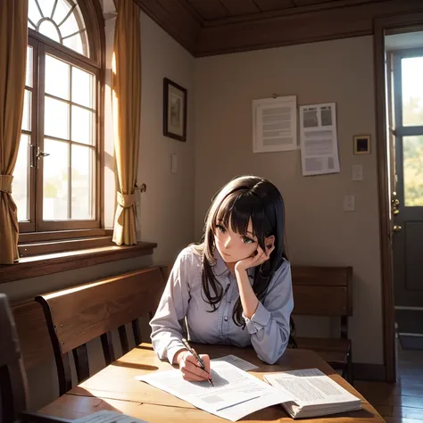 A young woman is writing and studying on the lacture room bench by the window. She is looking at the paper on the bench.