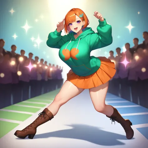  One Girl 、 green hooded hoodie、 one curl bob cut,  top quality 、 fashionable clothes, Orange Hair、 purple eyes、smile、Big Breasts、 Game Center,  orange check skirt, DANCE GAME ,  decision pose, Very detailed background, Suddenly thighs ,  brown long boots ...