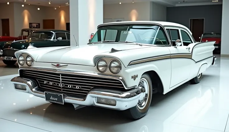 Close Sides view of painted white with shiny clour 1960 ford deluxe  sleek in large shape sedan in large size with Ford  logo on its large detailed grille in shiny white clour with angular sporty design captured from close Sides view with modified sleek LE...