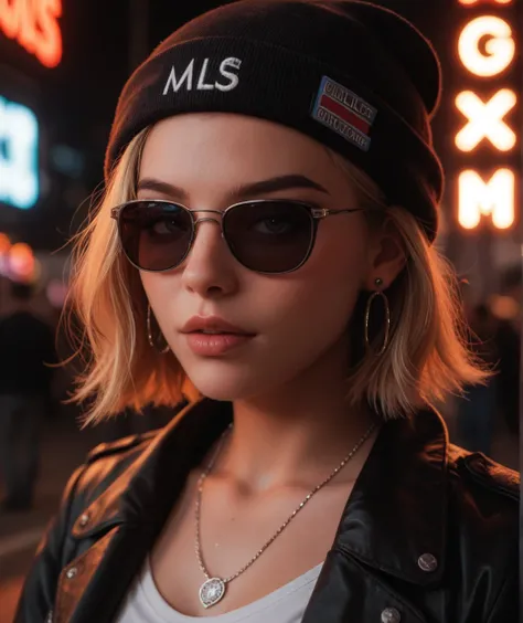  close-up of face , alternative girls ,  look over black sunglasses, Jacket, Necklace,  neon light reflections on the skin , earring, Make-up, Skin Blemishes, short hair, beanie,  neon light background,  low light ,  depth of field ,  very detailed , High ...