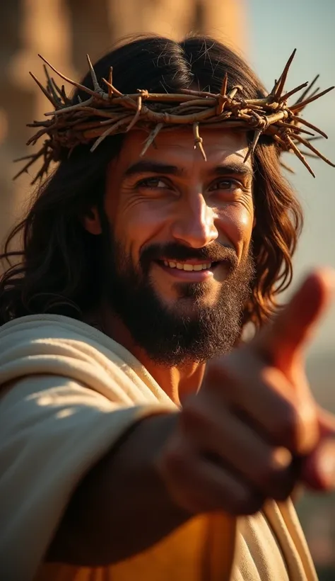 a realistic image of Jesus in the distance, looking at the camera with a cheerful and happy look. He is positioned further away from the camera, with his index finger raised and pointing forward, but without covering the face, drawing attention with force....