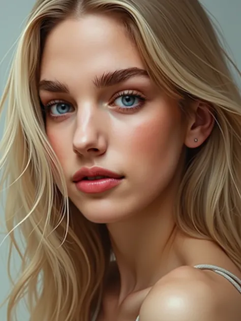 realistic blonde girl, thick eyebrows