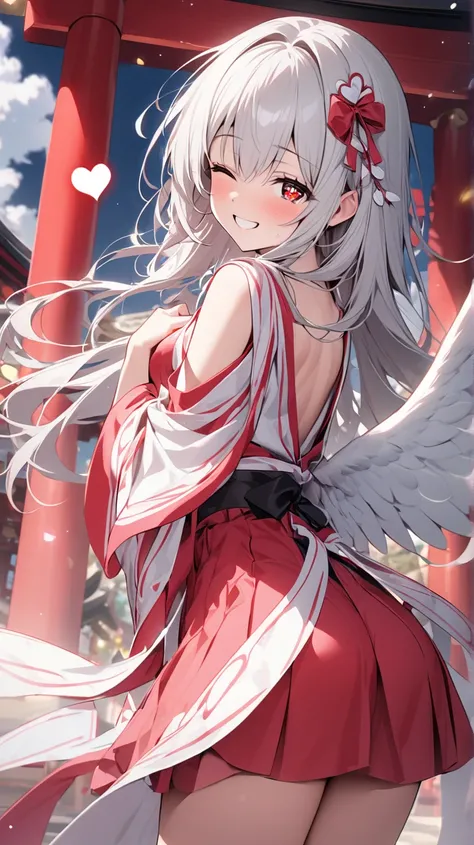 ( top quality , ),  beautiful women (One eye is red:1.2), elements. well-groomed face 、 Shy Expression 、 Silver Hair、 red eyes、smile( heart in eye、one eye closed)、A beautiful shrine maiden、 one eye is covered by hair、 1 girl、 back view,  Angelic Appearance...