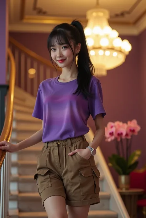 
Cinematic photorealistic A beautiful Vietnam. woman with smooth, clean white skin ,The ideal posture is black hair in a Korean style ponytail with bangs, wearing a bright purple t-shirt with merah gradients and a cool watch, brown cargo shorts with lots o...