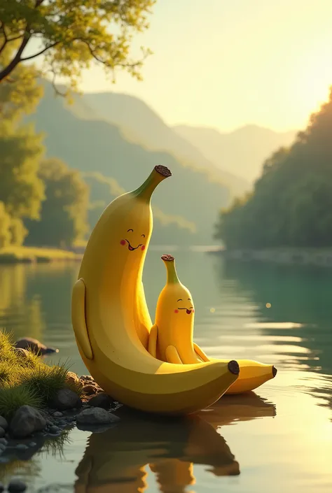 A pair of bananas relaxing by the lake sitting both while looking at the natural beauty