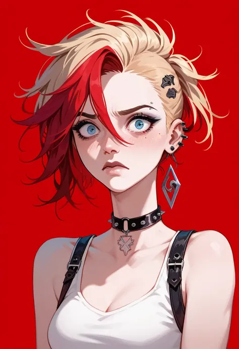 semi-long girl , Two-tone hair,  blonde , Red hair, conjunctivitis,Punk,Red background,  smooth background, 2D,afraid