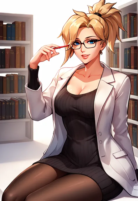 woman, score_8_up,
Mercy_Overwatch, half-rim glasses, 1girl, solo, breasts, smile, blue eyes, blonde hair, white background, black sweater dress, jewelry, large breasts, cleavage, sitting, collarbone, labcoat, parted lips, white lab coat, official alternat...