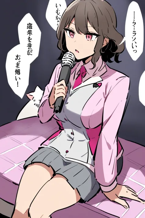 A woman, half a fox, a pretty charming woman wearing a miniskirt suit, holding a mic, is sitting talking on the bed. 