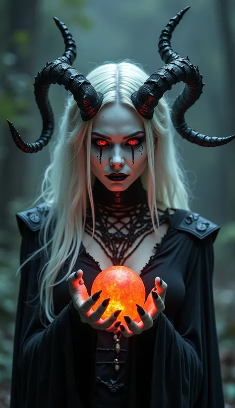  A demonic woman with extremely white skin ,  almost phosphorescent in the dark .  His face is symmetrical and beautiful , but disturbing ,  with thin black lips .  It has long, twisted horns ,  adorned with runes that shine with a faint red glow .  Her wh...