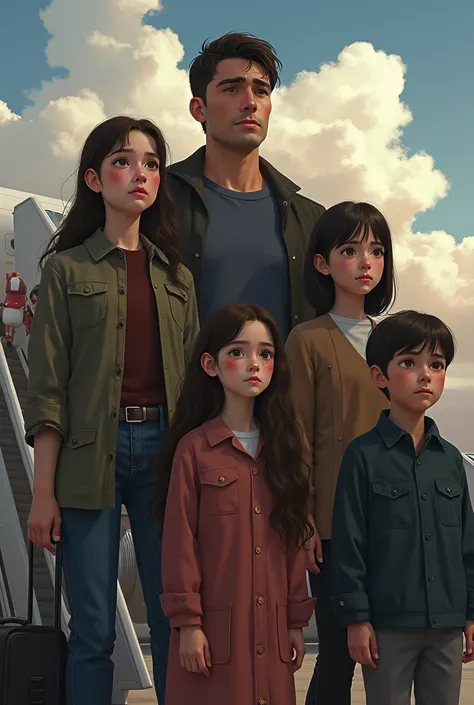  a girl with long brown hair , parts,  white skin ,  and brown eyes with a sad expression boarding a plane with his father, mother, His older brother who was very tall ,  around 1 ,  and his older sister