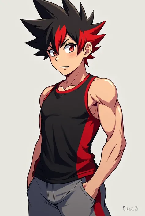 Young student
,  brown, Atléticos physical body ,  with the spiked hair of the color black with a red section,  the left eye of the color light brown , And the right eye is the color red with a black and red tank top and gray shorts