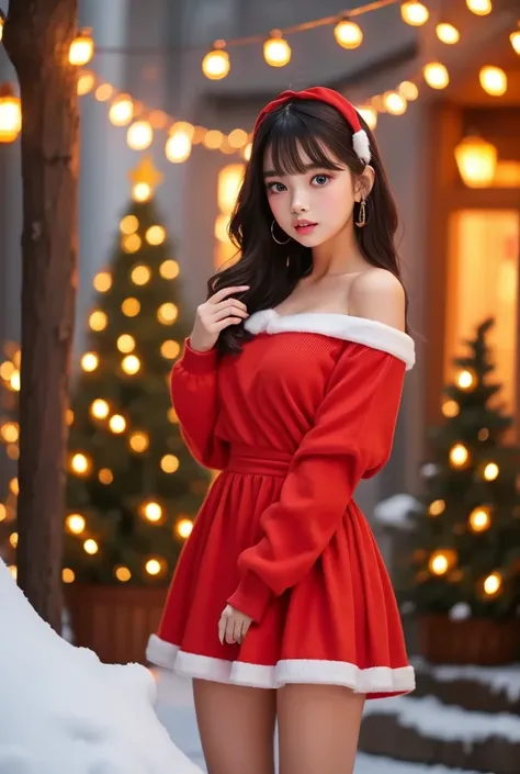   the night of Christmas Eve 、extremely realistic,  hyper realism ,  super real , (masterpiece,  Sophisticated eyes with attention to detail   : 1.2), (cute), age 15の少女、 Shes a girl with smooth, shiny black-pink hair.,age 15 、  Christmas Decorations at Nig...