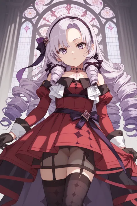 anime coloring,masterpiece,Salome, big body,,(((( best quality )))),,HS1, purple eyes, bangs, parted bangs, purple hair, light purple hair, long hair, drill hair, tattoo, chest tattoo, ribbon, hair ribbon, purple ribbon, hairband
bare shoulders, dress, red...