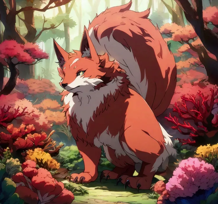 Masterpiece, High quality, High quality of art, best quality, best details, anime artstyle, animal, beast, fox, Coral color fur, Horn corals, Dark paws,  in cherry forest, kitsune patterns, male