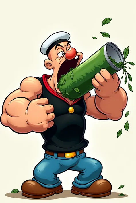 Popeye fits an entire long can of spinach into his mouth 
