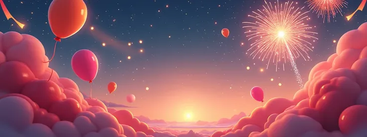 Fireworks in the night sky 、balloon、Ribbon，red、pink、 orange gradation into the main color。场景包括在前景中轻轻漂浮的彩色balloon，A simple and festive background with abstract shapes or soft gradients。Fireworks burst into golden and silver light，Lights up the sky，Casting a...