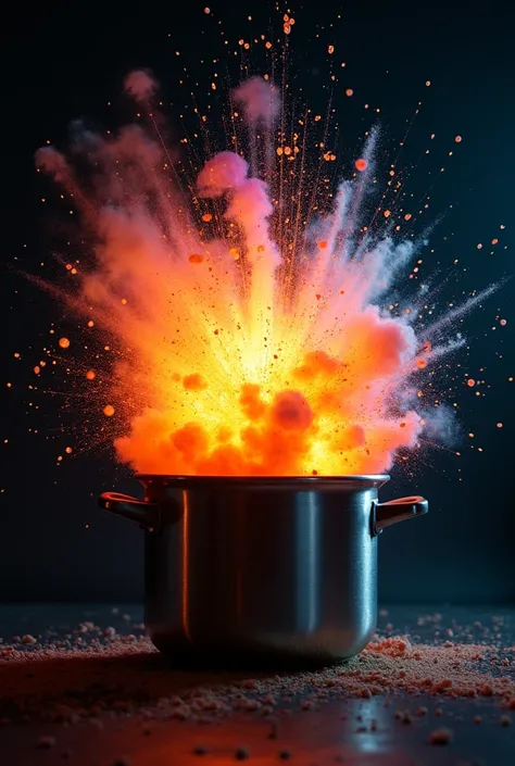 Generate an image of explosion of pressure cooker black background nothing else and if you can make it colour full
Make the flame less and the lid of cooker should be blown
