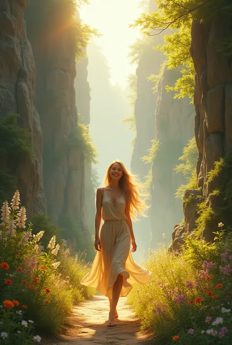  Blonde woman, semi - realistic style, walking, smiling,  beautiful trail, trees and flowers , really hight walls around,  beautiful sun, morning, strong image 