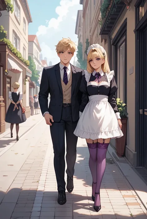 boy with jacket, walking around town , Next to her a beautiful blonde Maid ,  the maid has long purple stockings with lace and high heels in black