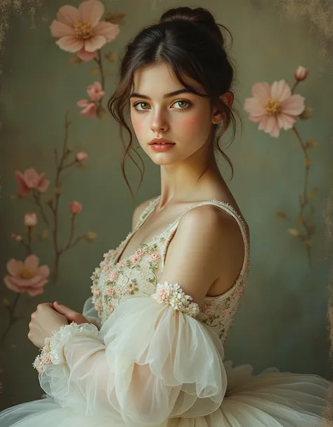 (highres,masterpiece:1.2),(realistic:1.37)"(best quality, ultra-detailed, realistic),beautiful 19th-century portrait of a 40-year-old French ballet dancer of a young Euro girl, (She is half French and half Euro, and is a stunning beauty with dark Green eye...