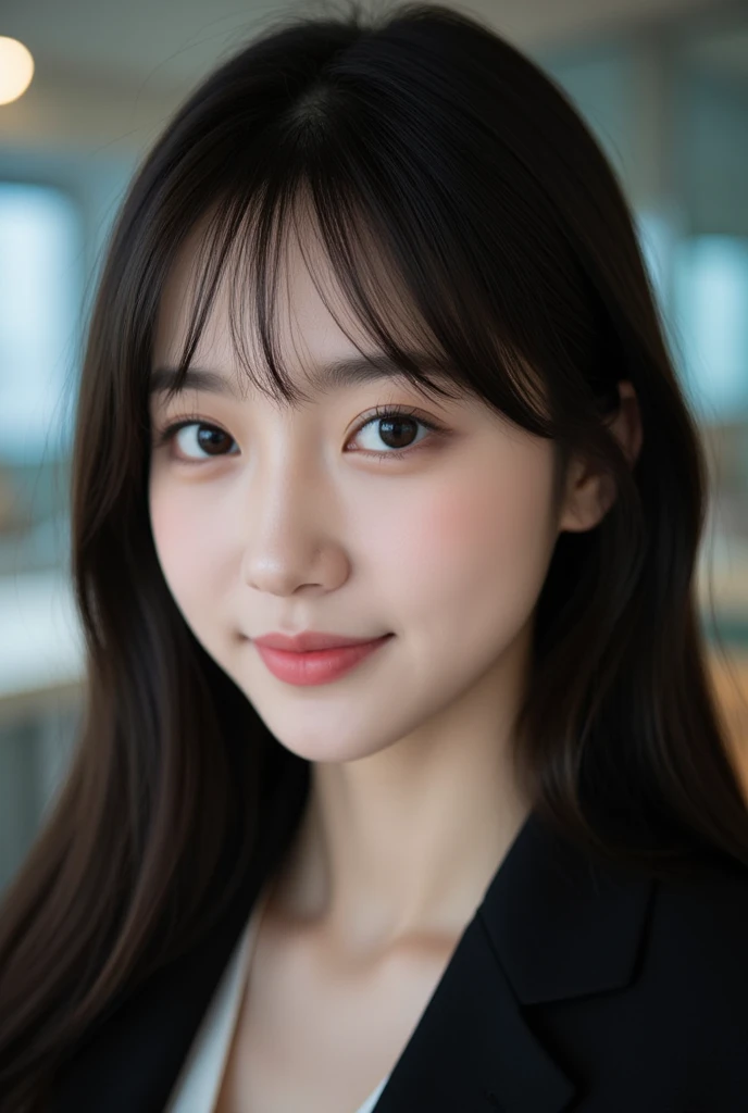  long hair,  blur the background , Bokeh. Shes having a drink..  staring at the camera,  precise and beautiful eyes ,  cute smile, A gentle and calm look. She is the night、((in the office)). ((( super high res))),((( extremely detailed))),  extremely detai...