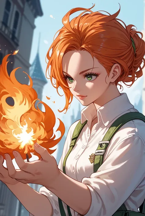 An Orange haired anime girl of green eyes, holding a fireball in her hands