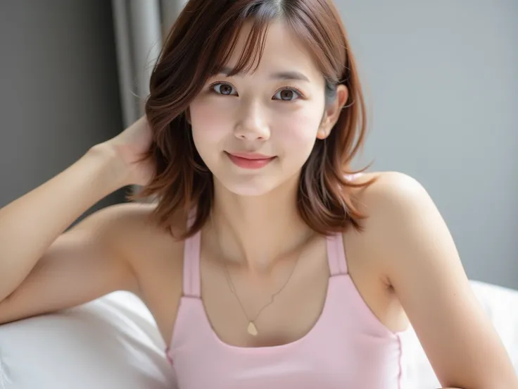  table top in bed,  top quality , shape,  super detailed , finely,  High Definition , 8k wallpaper, 完璧なダイナミックな構shape,  beautiful detailed eyes, Tokyo Trends＆ randomly introduces cute hairstyles , smile,  natural color lips,  Random Sexy Poses,かわいいsmile,Met...