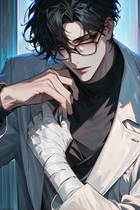 impasto, cool manga style, high quality, extremely detailed, extremely delicate line, amazing color, masterpiece, 1 man, young, doctor, black hair, sharp eyes, handsome, perfect face, tall, wear white coat, wear glasses, pale skin, handsome, perfect face, ...