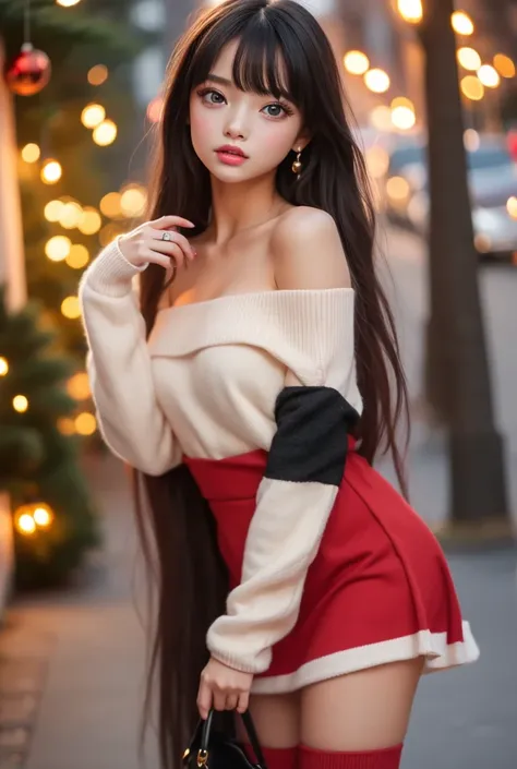   the night of Christmas Eve 、extremely realistic,  hyper realism ,  super real , (masterpiece,  Sophisticated eyes with attention to detail   : 1.2), (cute), age 15の少女、 Shes a girl with smooth, shiny black-pink hair.,age 15 、  Christmas Decorations at Nig...