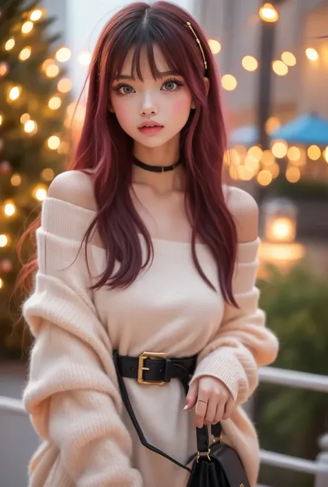   the night of Christmas Eve 、extremely realistic,  hyper realism ,  super real , (masterpiece,  Sophisticated eyes with attention to detail   : 1.2), (cute), age 15の少女、 Shes a girl with smooth, shiny black-pink hair.,age 15 、  Christmas Decorations at Nig...