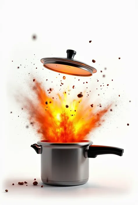 Generate an image of explosion of pressure cooker white background nothing else and if you can make it colour full
Make the flame less and the lid of cooker should be blown in top somewhere flying
