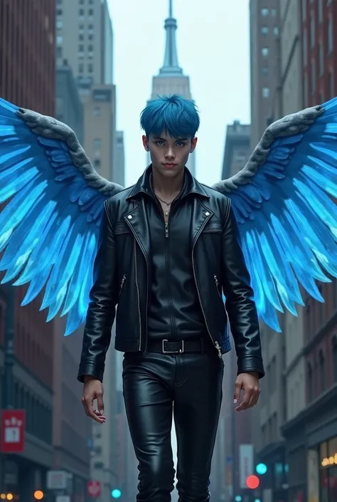  27-year-old young man , indigo eyes , with short blue hair ,  leather clothes and angel wings with shades of blue and cobalt blue on the Empire State