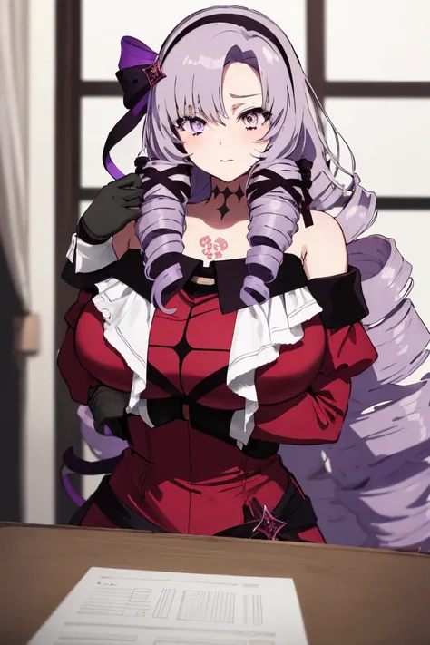 anime coloring,masterpiece,Salome, big body,huge breasts,(((( best quality )))),,,,, hmsalome, drill hair, parted bangs, black hairband, ribbon, purple eyes, large breasts, tattoo, red dress, long sleeves, bare shoulders, black gloves